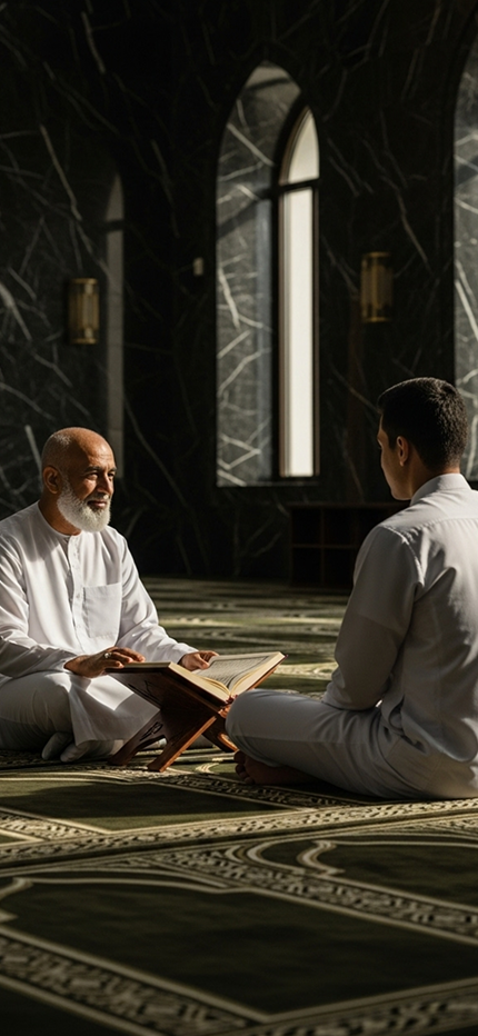 A Quran teacher guiding a student
